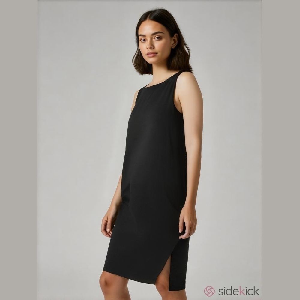 Nwot Eileen Fisher Silk Mini asymmetrical Side Slids Round Neck Mini Dress